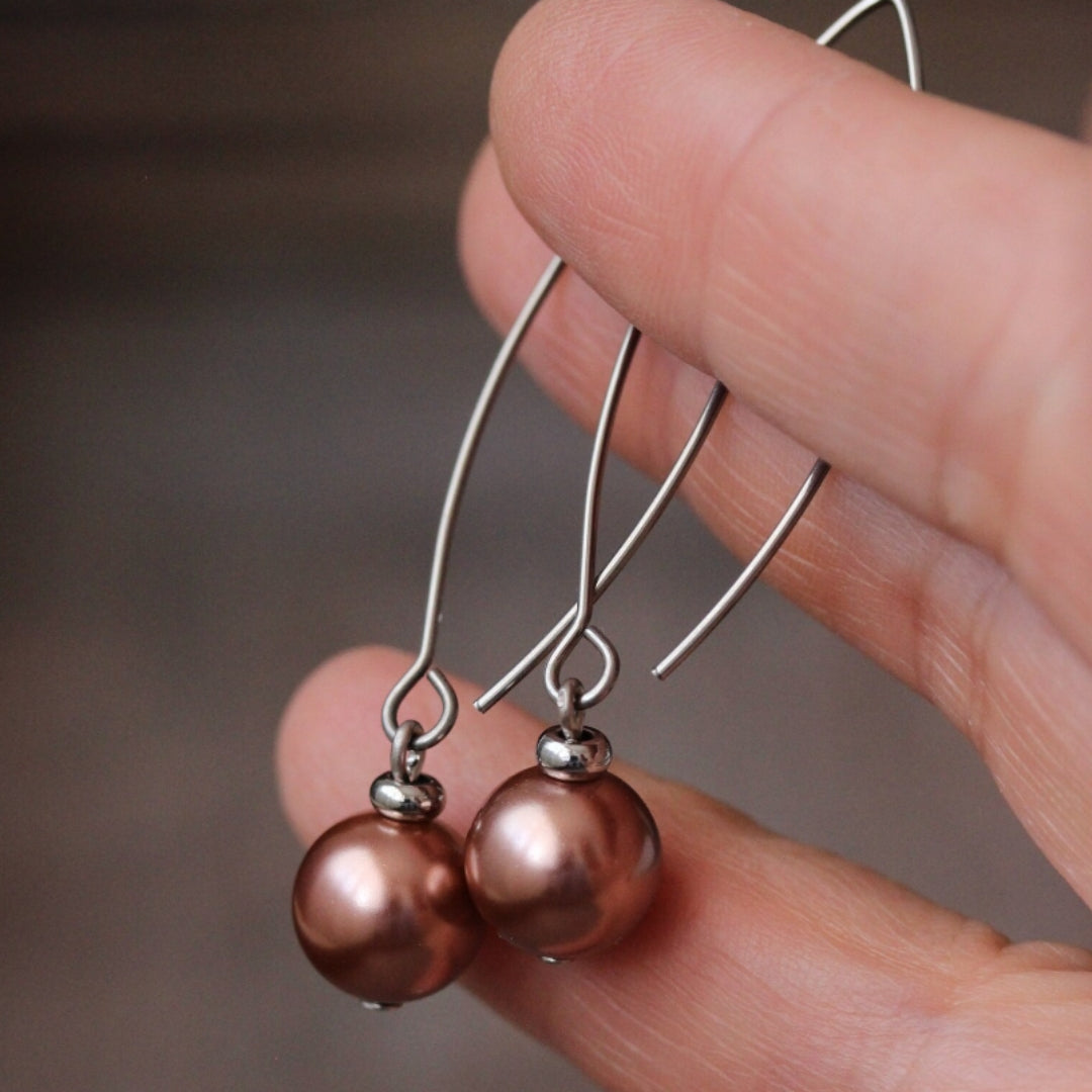 Bronze Plated Pearl Dangle Earrings in Silver - emmy-rae-jewels.com