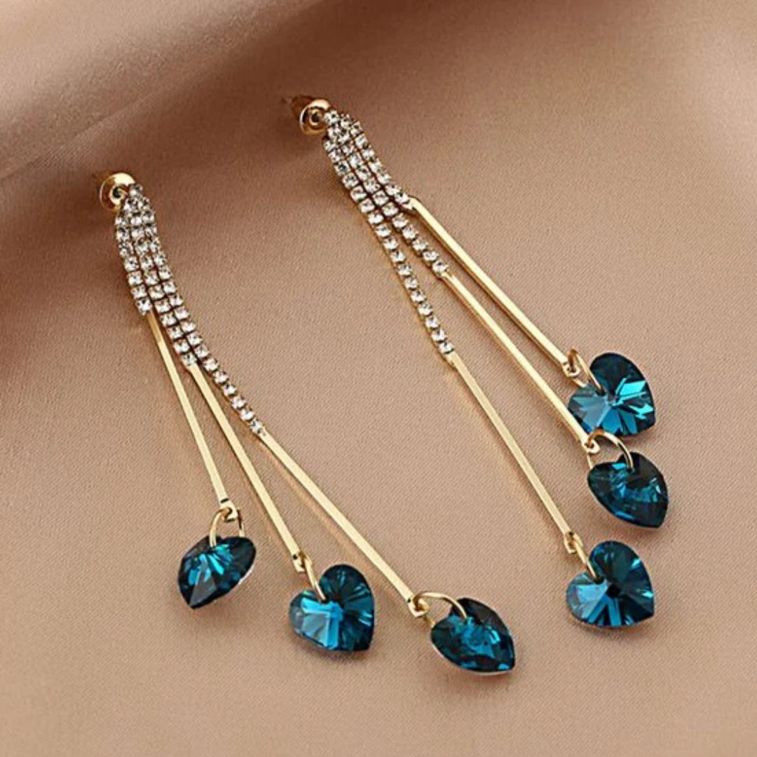 Elegant Blue Crystal Heart Rain Earrings - emmy-rae-jewels.com