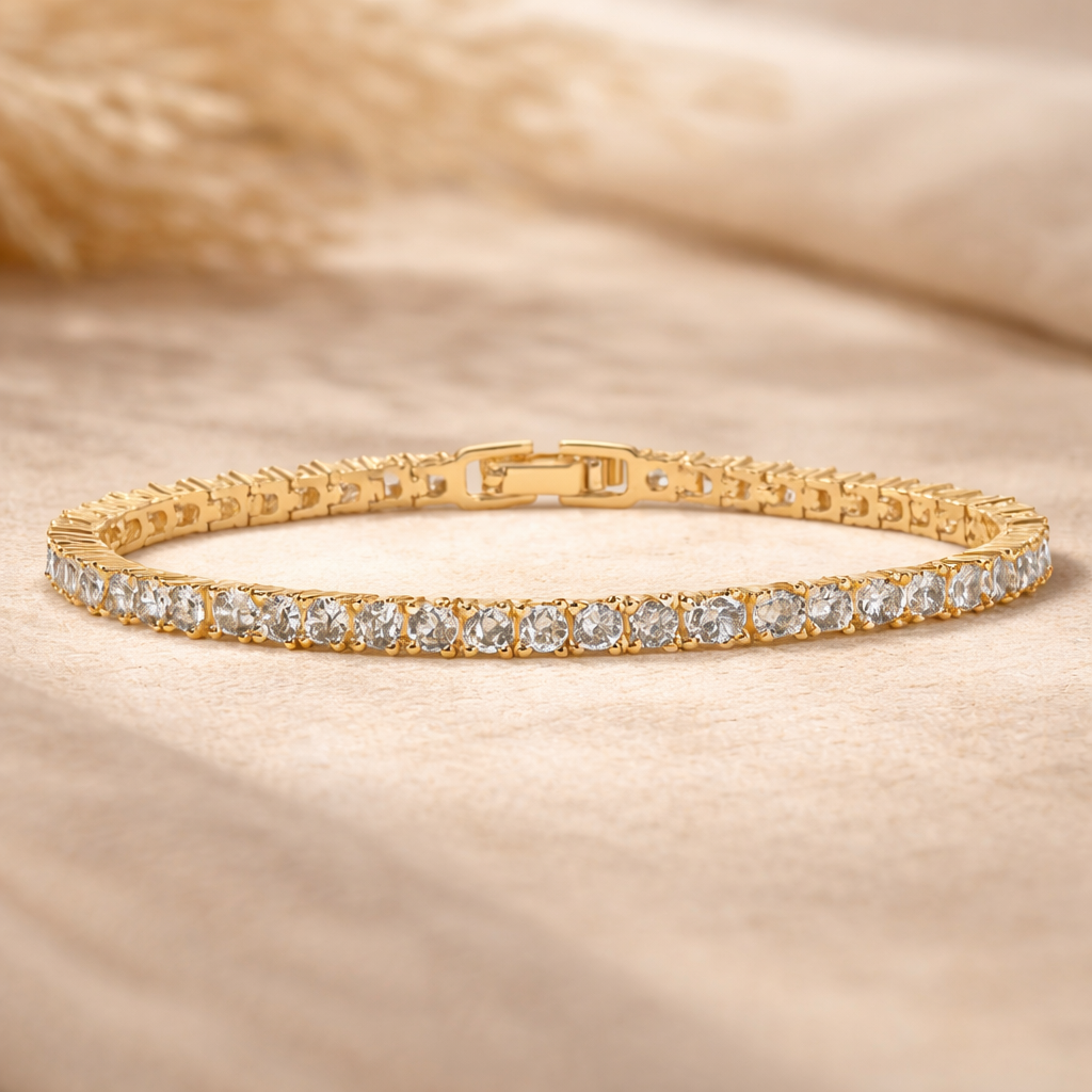 Golden Tennis Bracelet Adorned with Brilliant Crystals