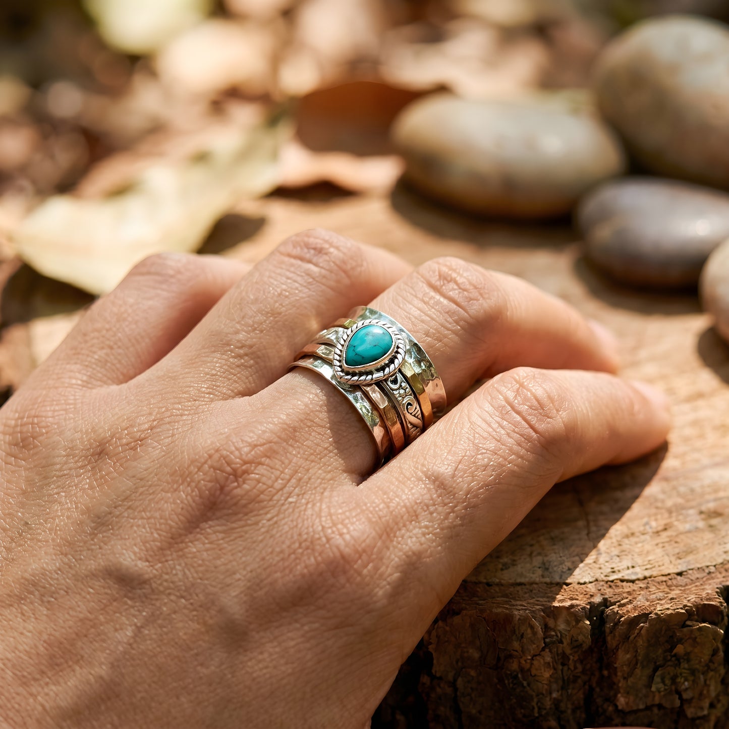 Antique Turquoise Inlaid Gold Silver Ring