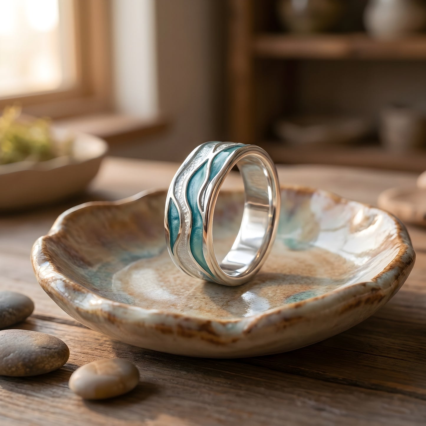 Elegant Turquoise Silver Waves Ring