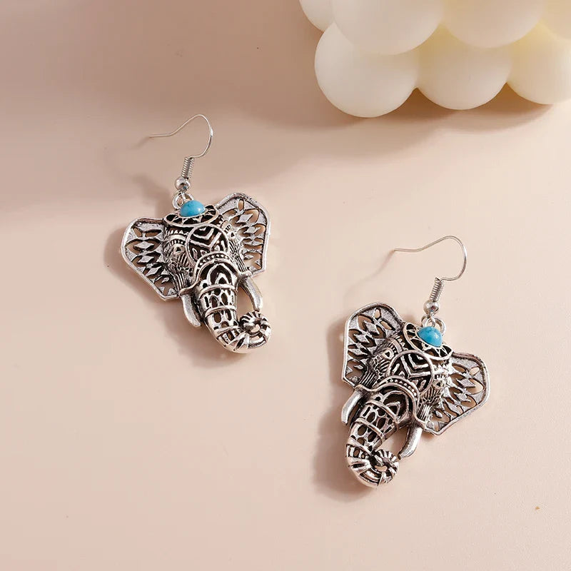 Vintage Elephant Drop Earrings Silver Bohemian - emmy-rae-jewels.com