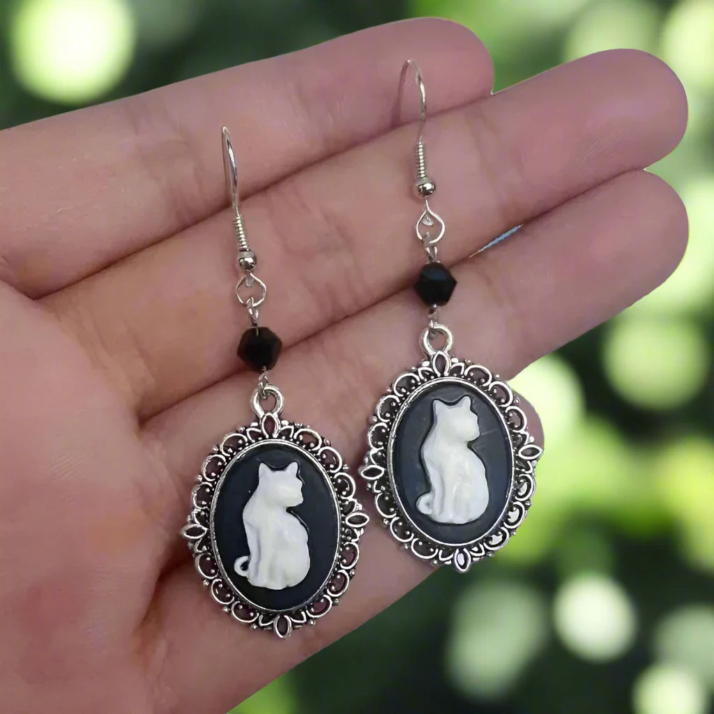 Vintage White Cat Drop Earrings – Silver Frame Jewelry for Women - emmy-rae-jewels.com
