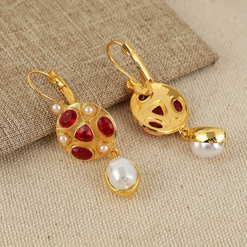 Geometric Red Color Stone Pearls Earrings - emmy-rae-jewels.com
