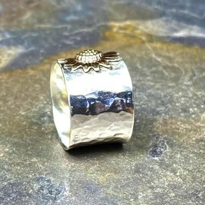 Golden Sunflower Wide Band Silver Ring - emmy-rae-jewels.com