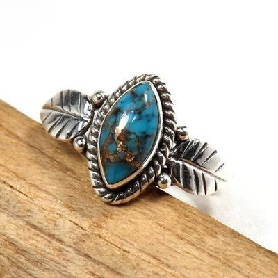 Silver Vintage Turquoise Leaf Ring