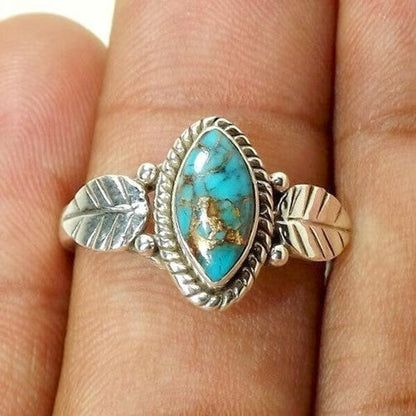 Silver Vintage Turquoise Leaf Ring
