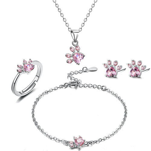Rose Gold Paw Jewelry Set – 4 Pieces with Zirconia Heart (Ring, Necklace, Earrings, Bracelet) - emmy-rae-jewels.com