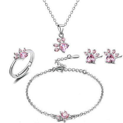 Rose Gold Paw Jewelry Set – 4 Pieces with Zirconia Heart (Ring, Necklace, Earrings, Bracelet) - emmy-rae-jewels.com
