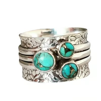 Bohemian Three Eyed Turquoise Hammer Pattern Ring - emmy-rae-jewels.com