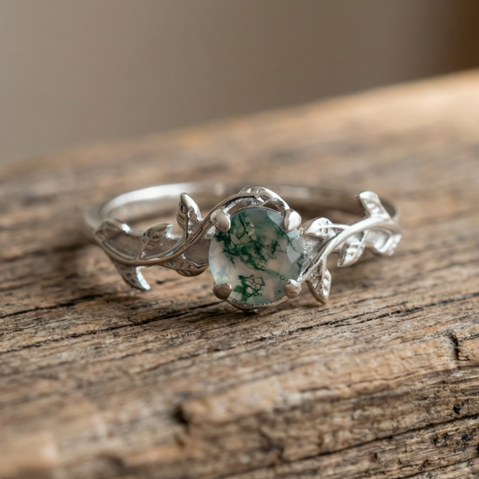 Moss Agate Rounded Floral Silver Ring