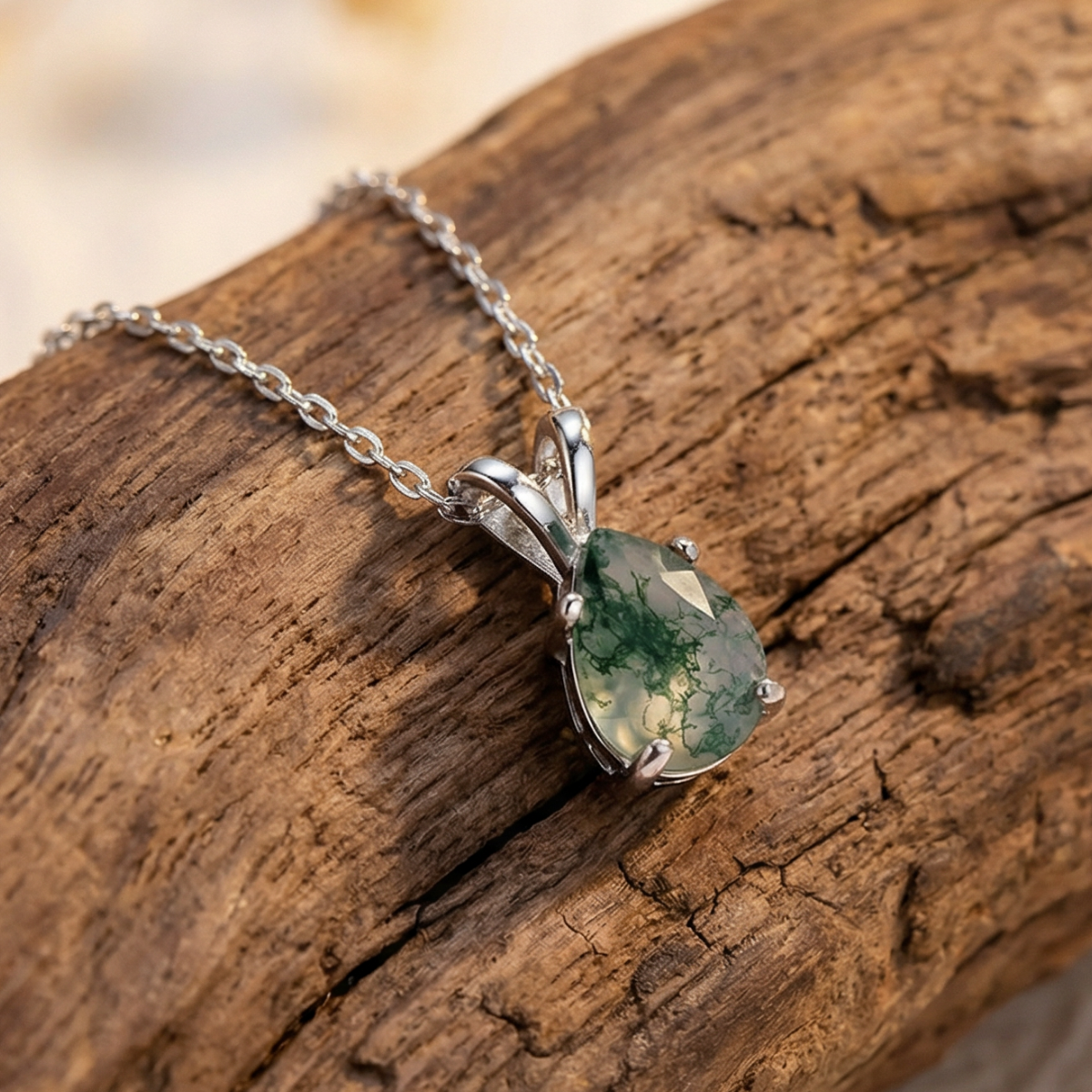 Moss Agate Nature Drop Silver Necklace