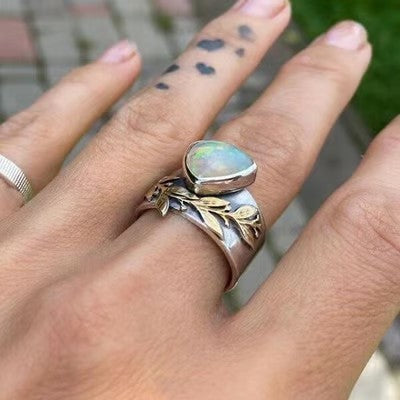 Leaf Geometric Opal Silver Ring - emmy-rae-jewels.com