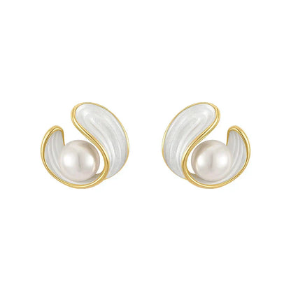 Gold Pearl and White Enamel Stud Earrings