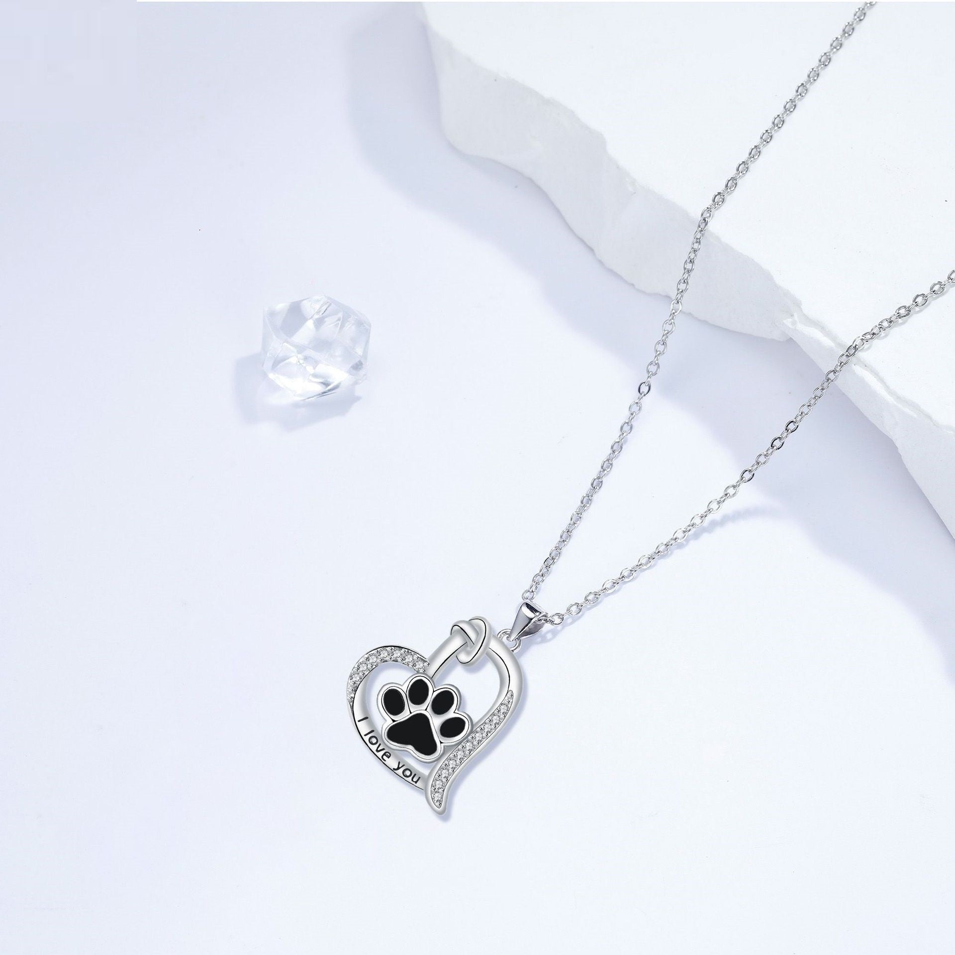 Heart-shaped Dog Paw Print Necklace with Zirconia - emmy-rae-jewels.com