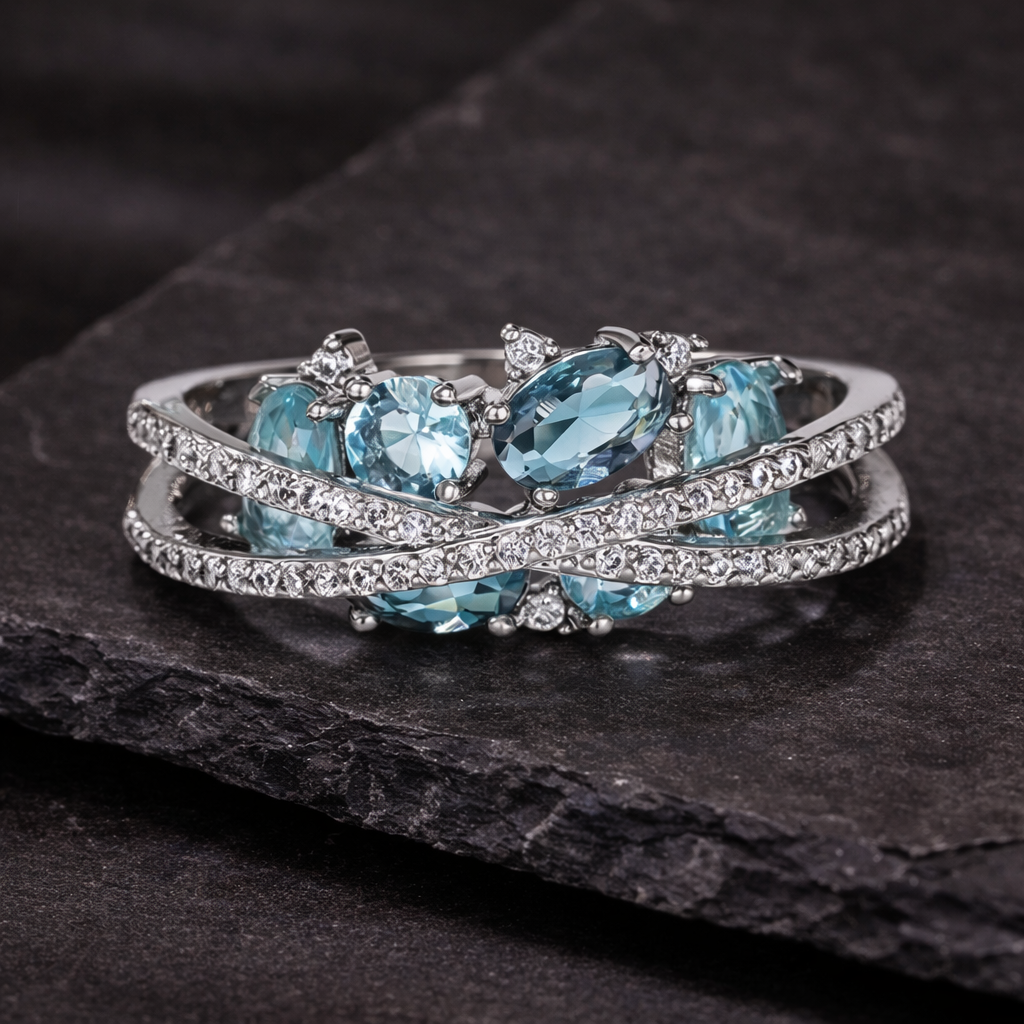 Silver Blue Gemstone Cross Ring