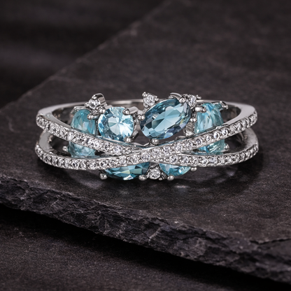 Silver Blue Gemstone Cross Ring