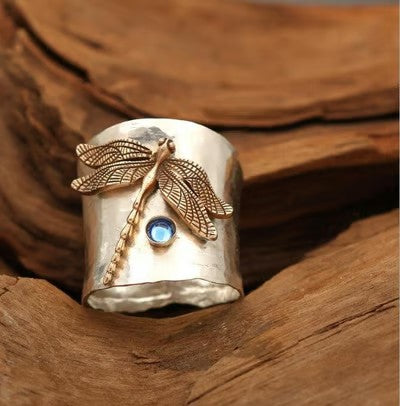 Vintage Dragonfly Wide Band Silver Ring