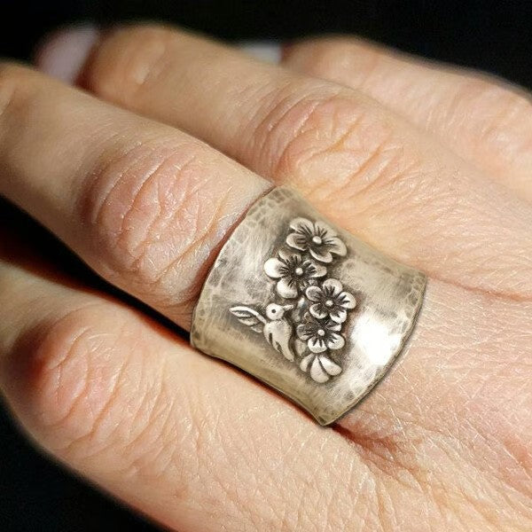 Bird Flower Wide Band Silver Ring - emmy-rae-jewels.com