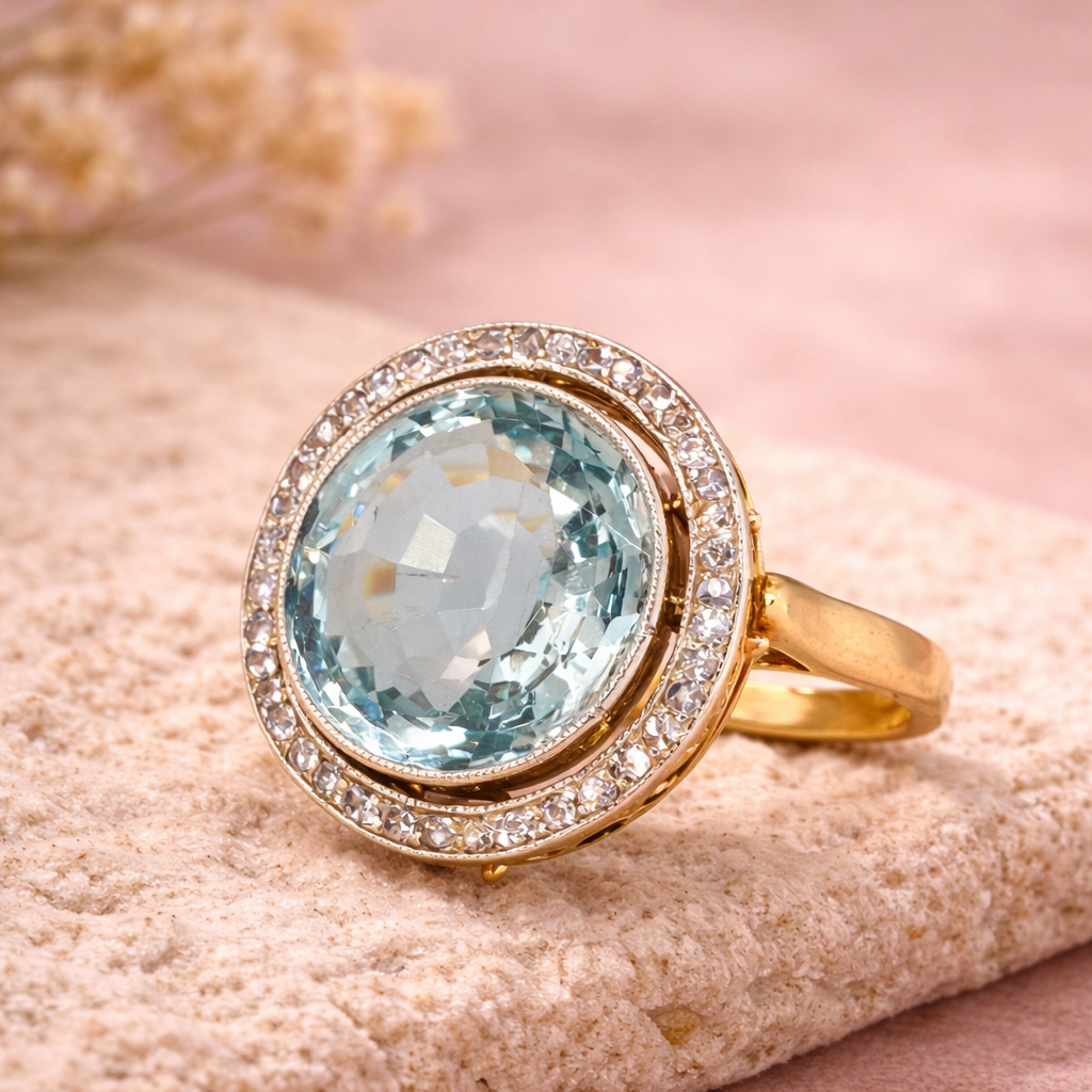 Rounded Blue Glass Gold Ring