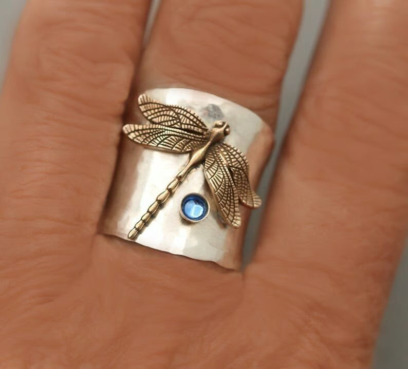 Vintage Dragonfly Wide Band Silver Ring