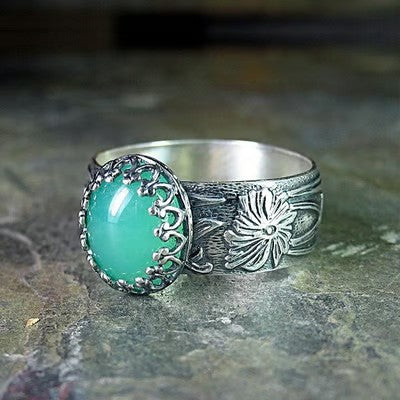 Carved Flower Emerald Silver Ring - emmy-rae-jewels.com