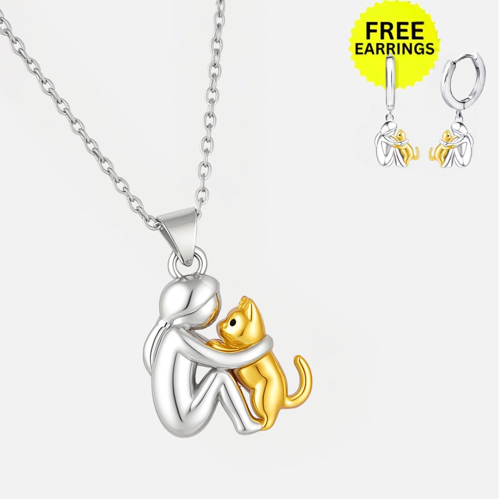 Cat Hug Pendant Necklace with Bonus Earrings – Limited Time Offer - emmy-rae-jewels.com