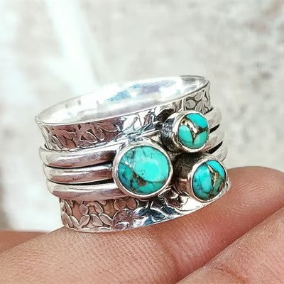 Bohemian Three Eyed Turquoise Hammer Pattern Ring - emmy-rae-jewels.com