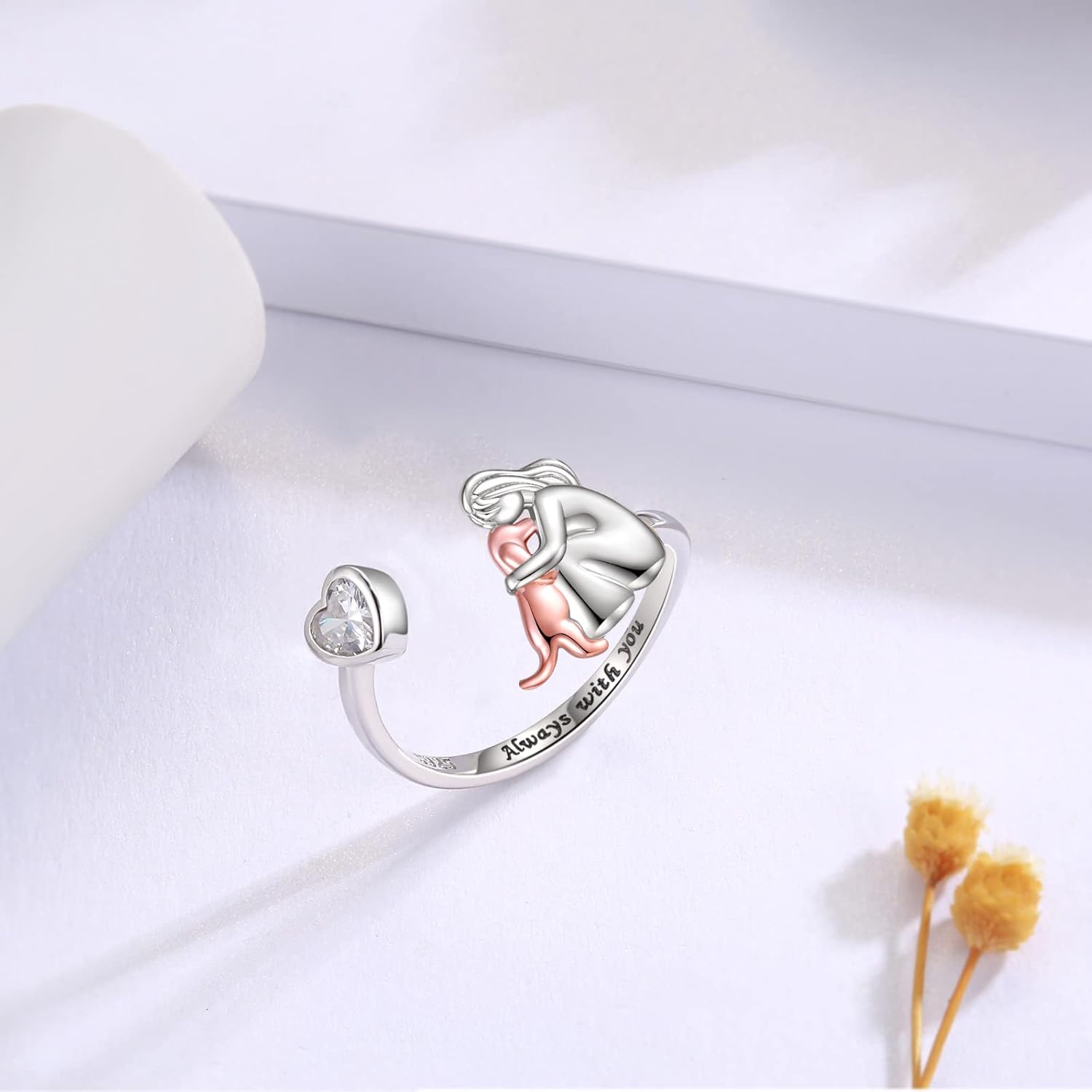 Adjustable Dog Ring in 925 Sterling Silver – “Always in My Heart” with Zirconia - emmy-rae-jewels.com