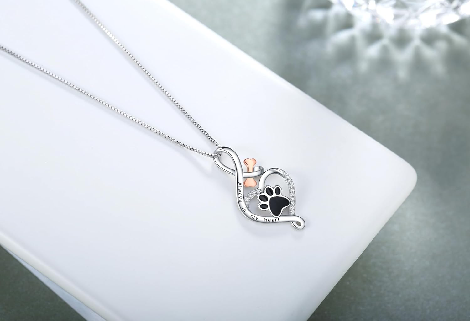 Lucky Paw Necklace with Heart, Bone & Infinity – “Always in My Heart” Pendant - emmy-rae-jewels.com