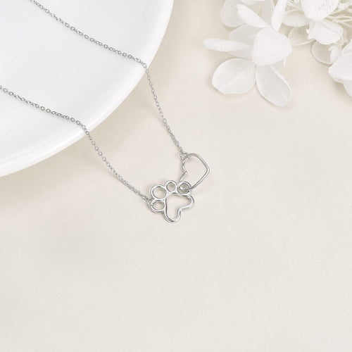 Sterling Silver Paw Print Necklace – Heart Crystal Pendant - emmy-rae-jewels.com