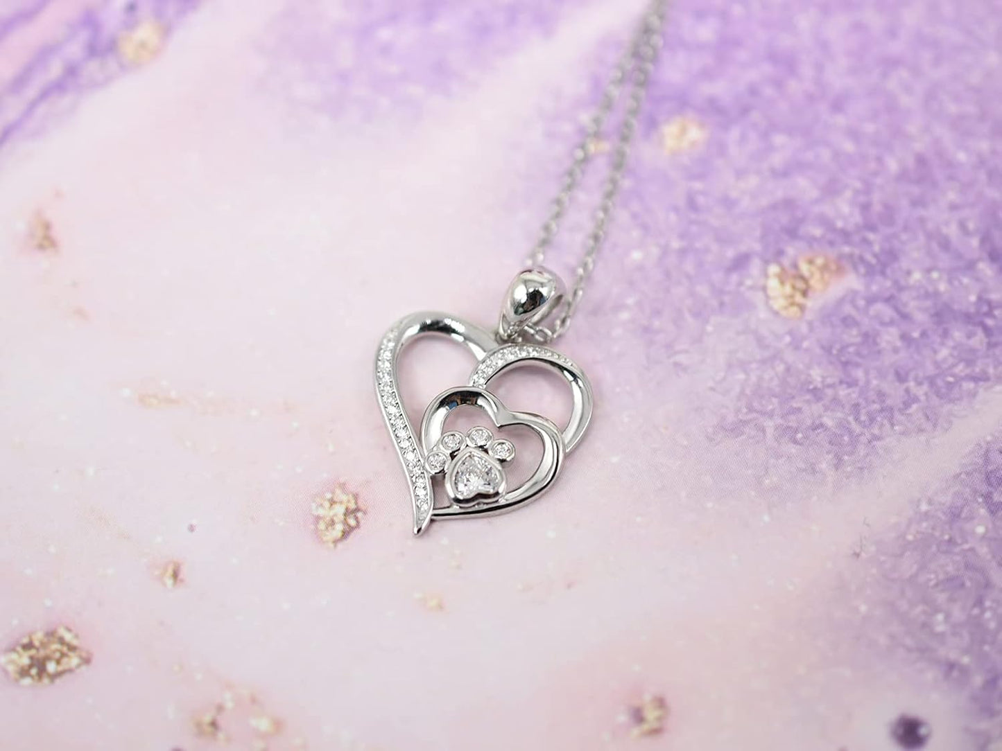 Sterling Silver Paw & Heart Necklace with Zirconia - emmy-rae-jewels.com