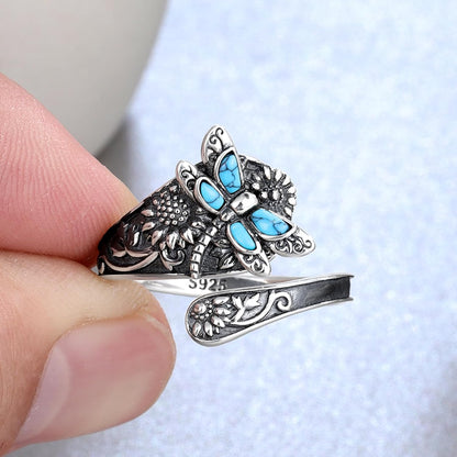 Sterling Silver Turquoise Spoon Ring – Vintage Boho Wrap Ring with Dragonfly - emmy-rae-jewels.com