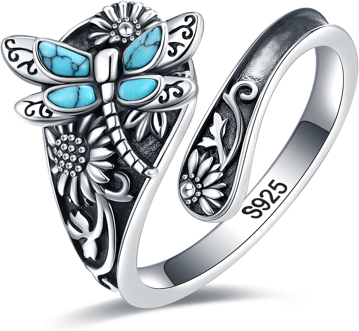 Sterling Silver Turquoise Spoon Ring – Vintage Boho Wrap Ring with Dragonfly - emmy-rae-jewels.com