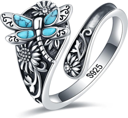 Sterling Silver Turquoise Spoon Ring – Vintage Boho Wrap Ring with Dragonfly - emmy-rae-jewels.com