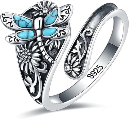 Sterling Silver Turquoise Spoon Ring – Vintage Boho Wrap Ring with Dragonfly - emmy-rae-jewels.com