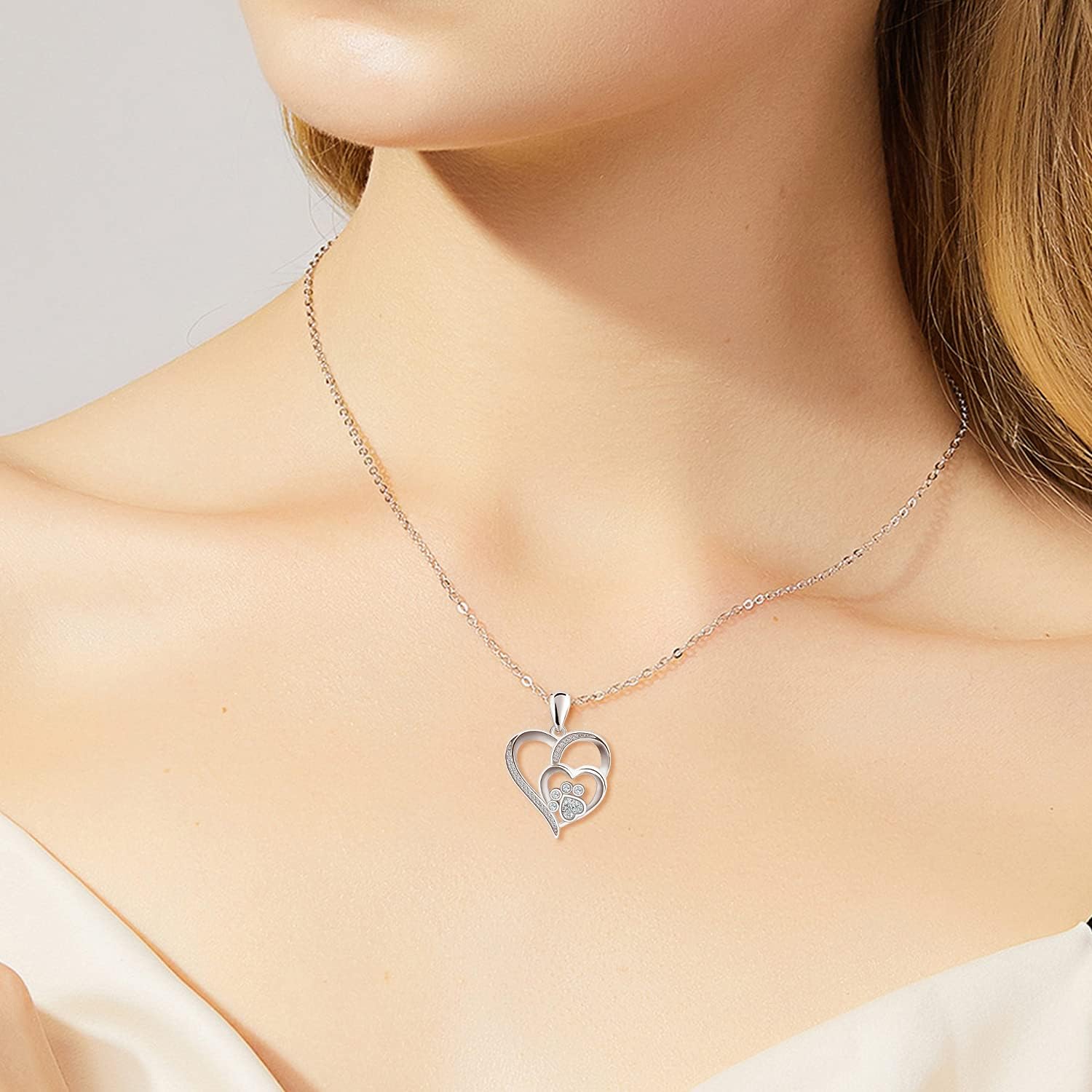 Sterling Silver Paw & Heart Necklace with Zirconia - emmy-rae-jewels.com