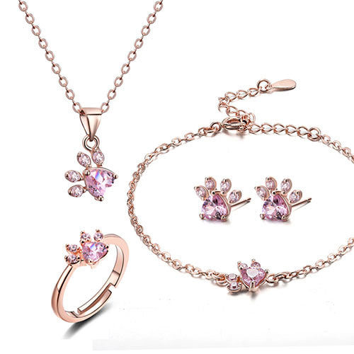 Rose Gold Paw Jewelry Set – 4 Pieces with Zirconia Heart (Ring, Necklace, Earrings, Bracelet) - emmy-rae-jewels.com