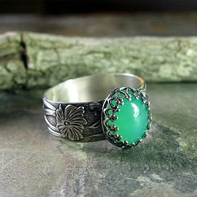Carved Flower Emerald Silver Ring - emmy-rae-jewels.com