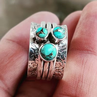 Bohemian Three Eyed Turquoise Hammer Pattern Ring - emmy-rae-jewels.com