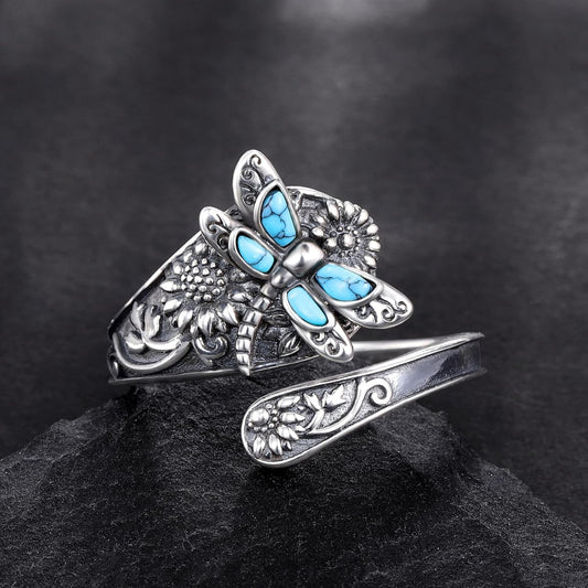 Sterling Silver Turquoise Spoon Ring – Vintage Boho Wrap Ring with Dragonfly - emmy-rae-jewels.com