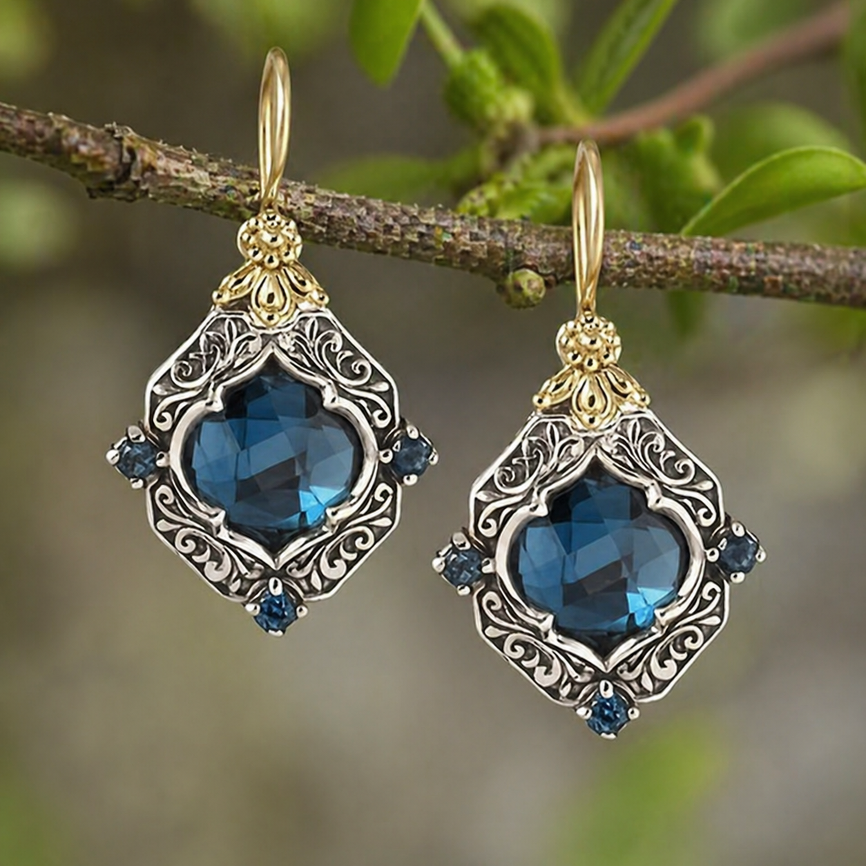 Vintage Blue Crystal Gold & Silver Earrings