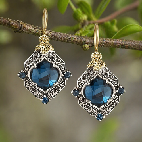 Vintage Blue Crystal Gold & Silver Earrings