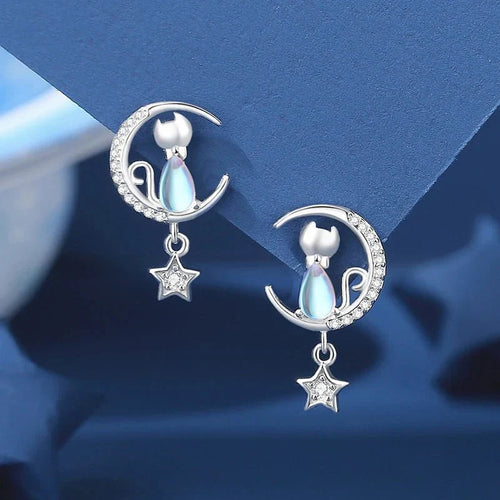 925 Sterling silver Moon & Star Cat Earrings With Zircon - emmy-rae-jewels.com