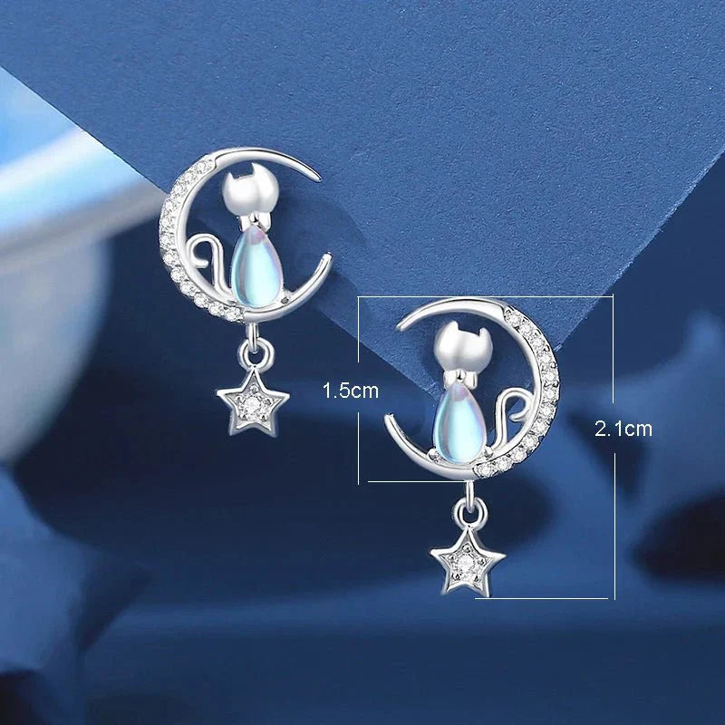 925 Sterling silver Moon & Star Cat Earrings With Zircon - emmy-rae-jewels.com