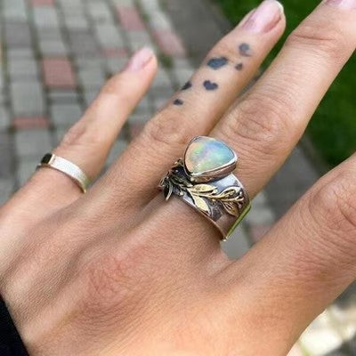 Leaf Geometric Opal Silver Ring - emmy-rae-jewels.com