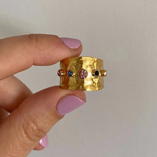 Adjustable Hammered Wide Rainbow Crystal Ring - emmy-rae-jewels.com