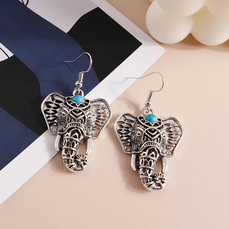 Vintage Elephant Drop Earrings Silver Bohemian - emmy-rae-jewels.com