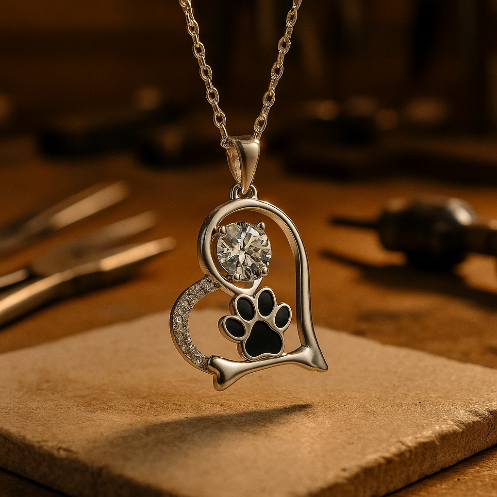 Handcrafted Dog Paw Print and Bone Necklace with Zirconia - emmy-rae-jewels.com