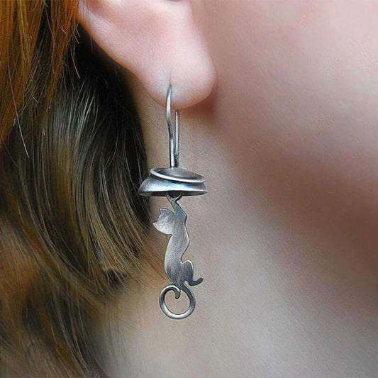 Sterling Silver Boho Cat Pendant Earrings - emmy-rae-jewels.com